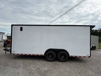 New Outlaw 8.5x20 12k White Black-Out W/ Flat Front, Rear Wing, Integrated Ramp Flap, and Rubber Coin Floor