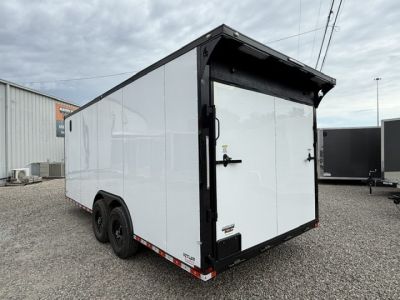 New Outlaw 8.5x20 12k White Black-Out W/ Flat Front, Rear Wing, Integrated Ramp Flap, and Rubber Coin Floor