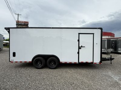 New Outlaw 8.5x20 12k White Black-Out W/ Flat Front, Rear Wing, Integrated Ramp Flap, and Rubber Coin Floor