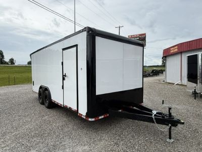 New Outlaw 8.5x20 12k White Black-Out W/ Flat Front, Rear Wing, Integrated Ramp Flap, and Rubber Coin Floor