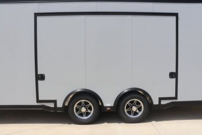New In-Tech Lite 8.5x28 Race Trailer-10K Sportsman Gray W/ Black Trim- Tool Drawers, Extension Flap, Black Interior Trim, and Black Exterior Trim