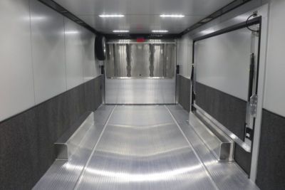 New In-Tech Lite 8.5x28 Race Trailer-10K Sportsman Gray W/ Black Trim- Tool Drawers, Extension Flap, Black Interior Trim, and Black Exterior Trim