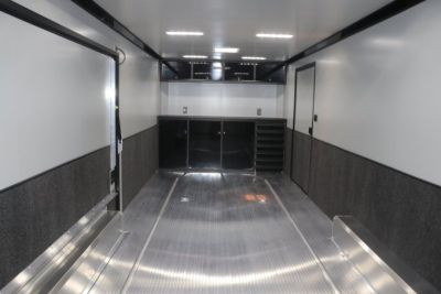 New In-Tech Lite 8.5x28 Race Trailer-10K Sportsman Gray W/ Black Trim- Tool Drawers, Extension Flap, Black Interior Trim, and Black Exterior Trim