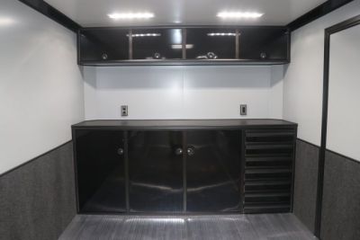 New In-Tech Lite 8.5x28 Race Trailer-10K Sportsman Gray W/ Black Trim- Tool Drawers, Extension Flap, Black Interior Trim, and Black Exterior Trim