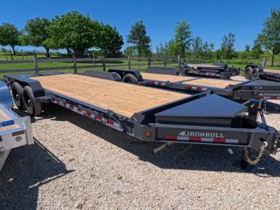 New 2027 Iron Bull 83 x 22 EWB Equipment Trailer with 2) 7K Straight Axles, Electric Brakes, 3' Self Cleaning Dove Tail with Rampage Ramps, Removeable Fenders and More!