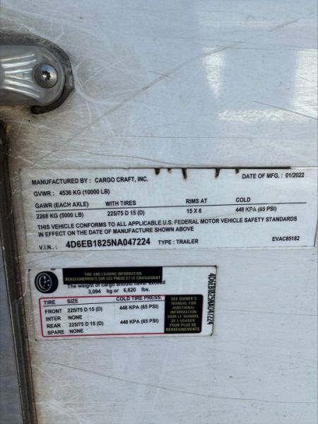 Used 2022 Cargo Craft 8.5x16 Enclosed, 7' Tall, 2-5200# Axles