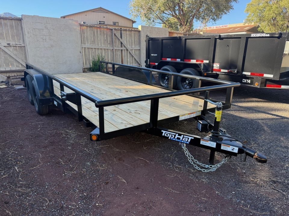 New 2026 Top Hat Trailers 83X16 Pipe Rail Utility Flatbed Trailer Pull out Ramps