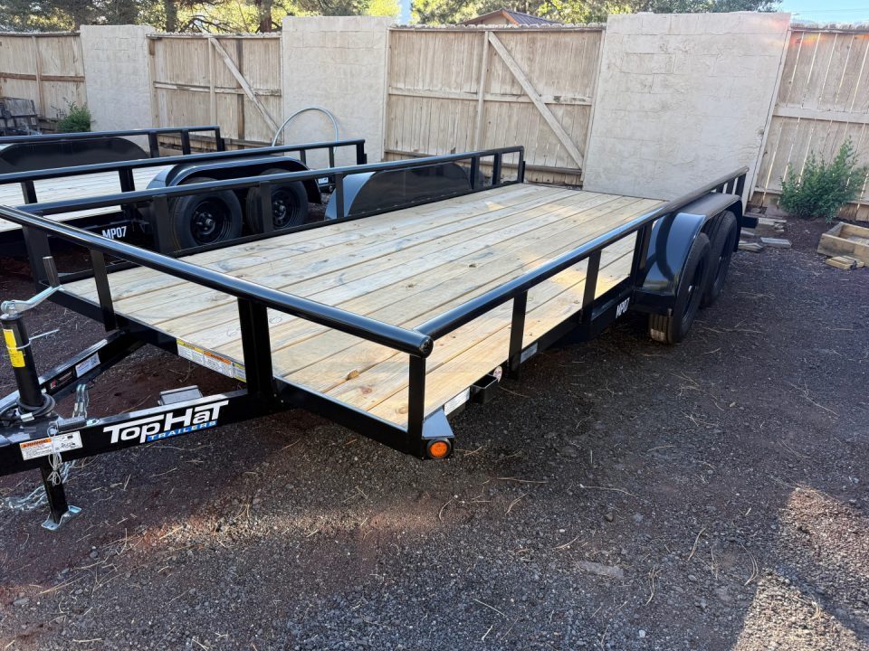 New 2026 Top Hat Trailers 83X16 Pipe Rail Utility Flatbed Trailer Pull out Ramps