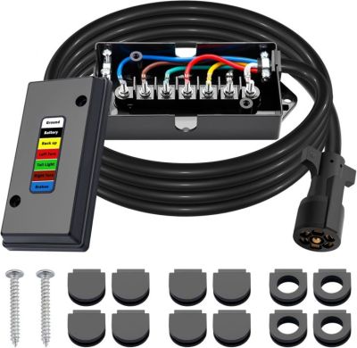 New 2026 Trailer Wiring 7 Way Harness Kit 8 FT Trailer Cord with 7 Pin Trailer Plug and Junction Box Kit Premium Light and Brake Wiring Wires for Trailer RV Accessories