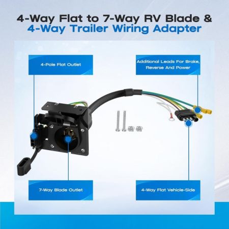 New 2026 4-Way Flat to 7-Way RV Blade & 4-Way Trailer Wiring Adapter with Mounting Bracket, 4 Pin Vehicle-Side to Dual-Output 7 Pin Round & 4 Flat Connector for Truck, RV, and Trailers Accessories