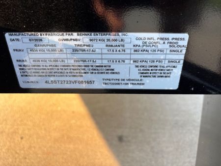 New 2027 Behnke TBCT2220ET-10K Utility Trailer