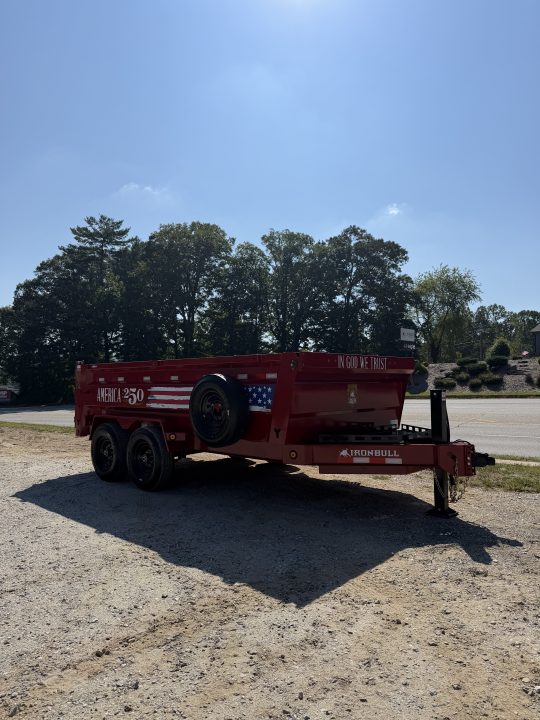 New 2027 Iron Bull DWB8314072 America 250 Series Dump Trailer /Hyd Jack / Wireless Remote / Solar Panel / 36" High Sides / 2-7k Electric Brake Axles / tarp / Alum Ramps / Combo Gate / Powder Coat Red