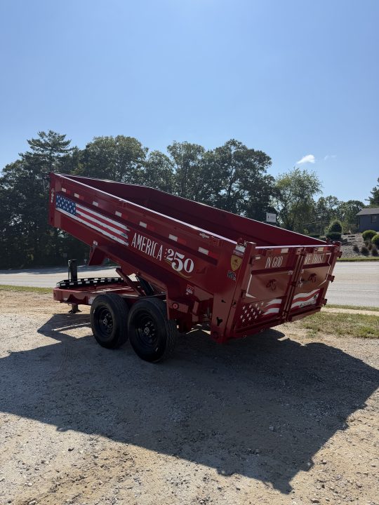 New 2027 Iron Bull DWB8314072 America 250 Series Dump Trailer /Hyd Jack / Wireless Remote / Solar Panel / 36" High Sides / 2-7k Electric Brake Axles / tarp / Alum Ramps / Combo Gate / Powder Coat Red