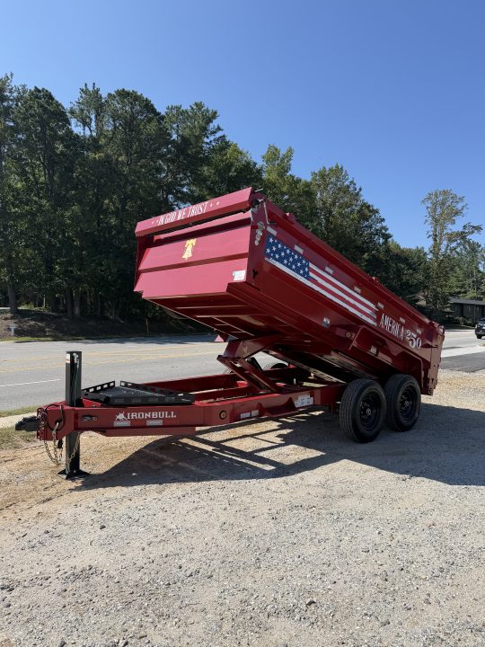 New 2027 Iron Bull DWB8314072 America 250 Series Dump Trailer /Hyd Jack / Wireless Remote / Solar Panel / 36" High Sides / 2-7k Electric Brake Axles / tarp / Alum Ramps / Combo Gate / Powder Coat Red