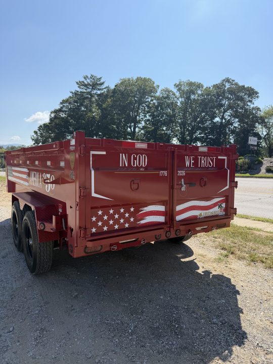 New 2027 Iron Bull DWB8314072 America 250 Series Dump Trailer /Hyd Jack / Wireless Remote / Solar Panel / 36" High Sides / 2-7k Electric Brake Axles / tarp / Alum Ramps / Combo Gate / Powder Coat Red