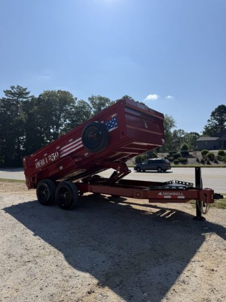 New 2027 Iron Bull DWB8314072 America 250 Series Dump Trailer /Hyd Jack / Wireless Remote / Solar Panel / 36  High Sides / 2-7k Electric Brake Axles / tarp / Alum Ramps / Combo Gate / Powder Coat Red