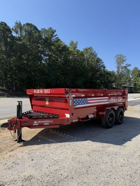 New 2027 Iron Bull DWB8314072 America 250 Series Dump Trailer /Hyd Jack / Wireless Remote / Solar Panel / 36" High Sides / 2-7k Electric Brake Axles / tarp / Alum Ramps / Combo Gate / Powder Coat Red