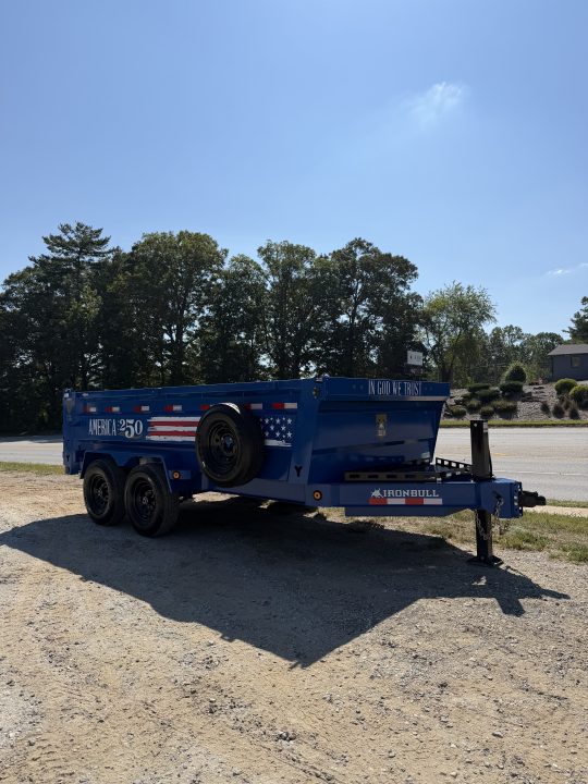 New 2027 Iron Bull DWB8314072 America 250 Series Dump Trailer /Hyd Jack / Wireless Remote / Solar Panel / 36" High Sides / 2-7k Electric Brake Axles / tarp / Alum Ramps / Combo Gate / Powder Coat Blue