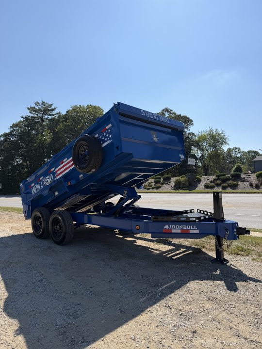 New 2027 Iron Bull DWB8314072 America 250 Series Dump Trailer /Hyd Jack / Wireless Remote / Solar Panel / 36" High Sides / 2-7k Electric Brake Axles / tarp / Alum Ramps / Combo Gate / Powder Coat Blue
