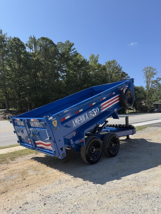New 2027 Iron Bull DWB8314072 America 250 Series Dump Trailer /Hyd Jack / Wireless Remote / Solar Panel / 36" High Sides / 2-7k Electric Brake Axles / tarp / Alum Ramps / Combo Gate / Powder Coat Blue