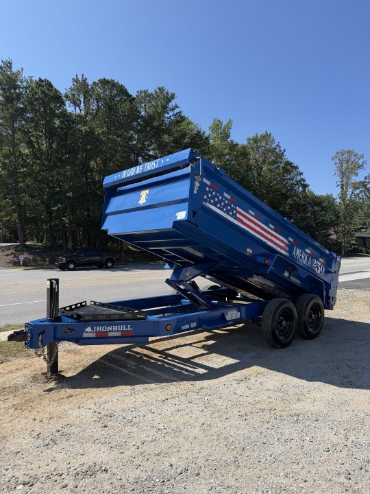 New 2027 Iron Bull DWB8314072 America 250 Series Dump Trailer /Hyd Jack / Wireless Remote / Solar Panel / 36" High Sides / 2-7k Electric Brake Axles / tarp / Alum Ramps / Combo Gate / Powder Coat Blue
