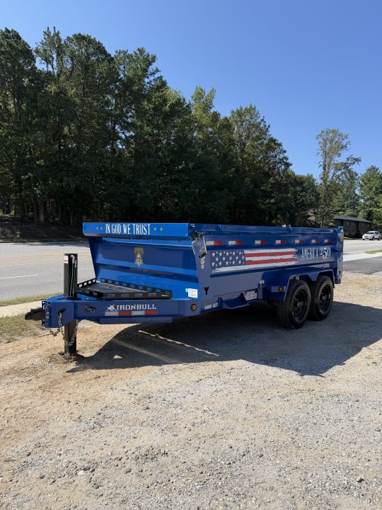 New 2027 Iron Bull DWB8314072 America 250 Series Dump Trailer /Hyd Jack / Wireless Remote / Solar Panel / 36" High Sides / 2-7k Electric Brake Axles / tarp / Alum Ramps / Combo Gate / Powder Coat Blue