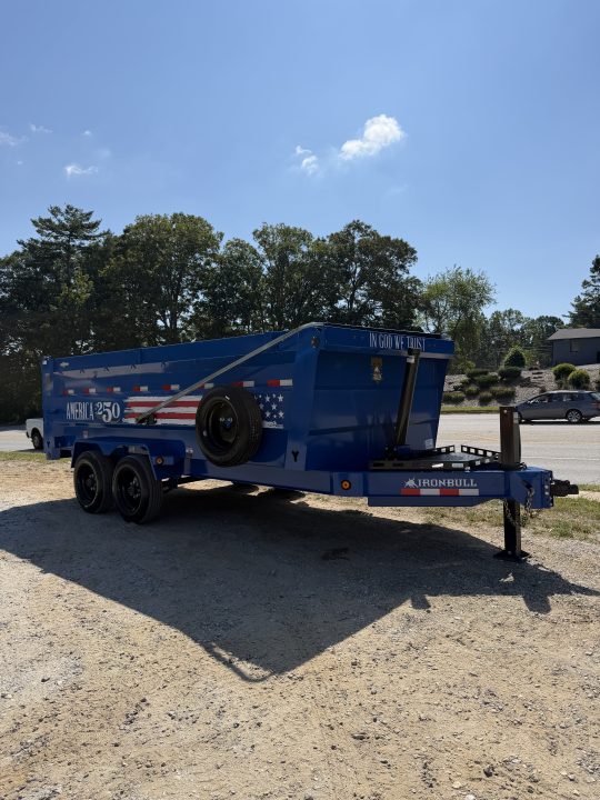 New 2027 Iron Bull DWB8316082 America 250 Series Dump Trailer /Hyd Jack / Wireless Remote / Solar Panel / 48" High Sides / 2-8k Electric Brake Axles / Tarp / Alum Ramps / Combo Gate / Powder Coat Blue
