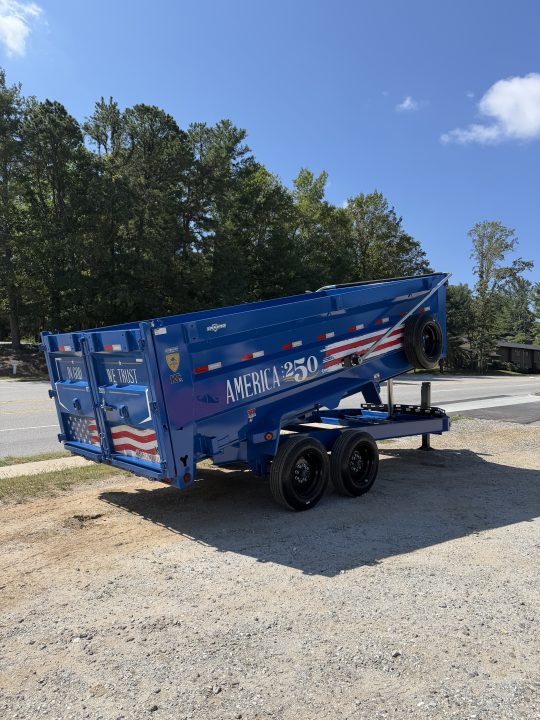 New 2027 Iron Bull DWB8316082 America 250 Series Dump Trailer /Hyd Jack / Wireless Remote / Solar Panel / 48" High Sides / 2-8k Electric Brake Axles / Tarp / Alum Ramps / Combo Gate / Powder Coat Blue