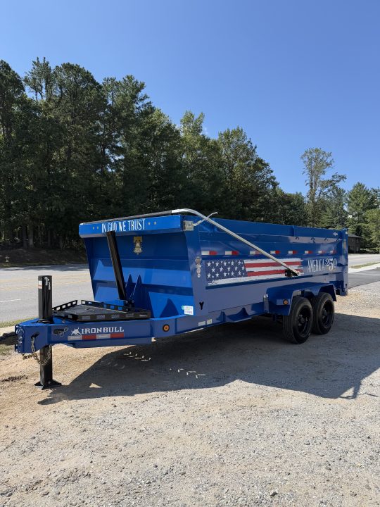 New 2027 Iron Bull DWB8316082 America 250 Series Dump Trailer /Hyd Jack / Wireless Remote / Solar Panel / 48" High Sides / 2-8k Electric Brake Axles / Tarp / Alum Ramps / Combo Gate / Powder Coat Blue