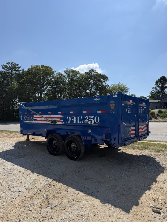 New 2027 Iron Bull DWB8316082 America 250 Series Dump Trailer /Hyd Jack / Wireless Remote / Solar Panel / 48" High Sides / 2-8k Electric Brake Axles / Tarp / Alum Ramps / Combo Gate / Powder Coat Blue