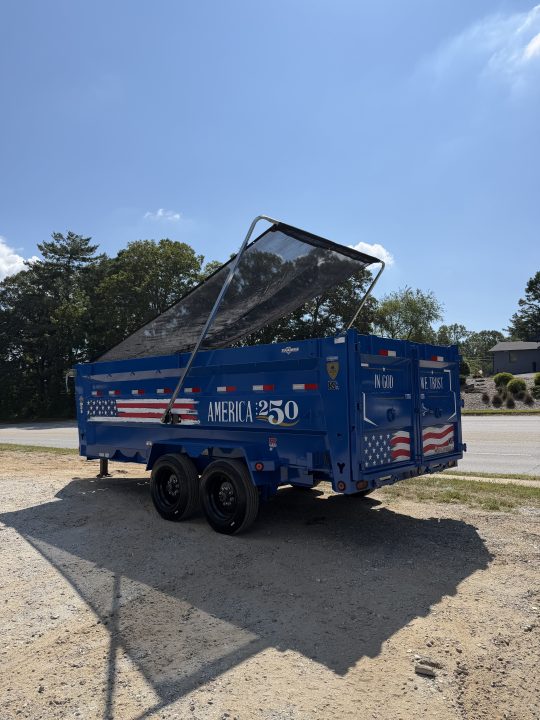 New 2027 Iron Bull DWB8316082 America 250 Series Dump Trailer /Hyd Jack / Wireless Remote / Solar Panel / 48" High Sides / 2-8k Electric Brake Axles / Tarp / Alum Ramps / Combo Gate / Powder Coat Blue
