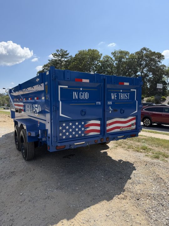 New 2027 Iron Bull DWB8316082 America 250 Series Dump Trailer /Hyd Jack / Wireless Remote / Solar Panel / 48" High Sides / 2-8k Electric Brake Axles / Tarp / Alum Ramps / Combo Gate / Powder Coat Blue