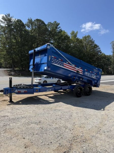 New 2027 Iron Bull DWB8316082 America 250 Series Dump Trailer /Hyd Jack / Wireless Remote / Solar Panel / 48" High Sides / 2-8k Electric Brake Axles / Tarp / Alum Ramps / Combo Gate / Powder Coat Blue