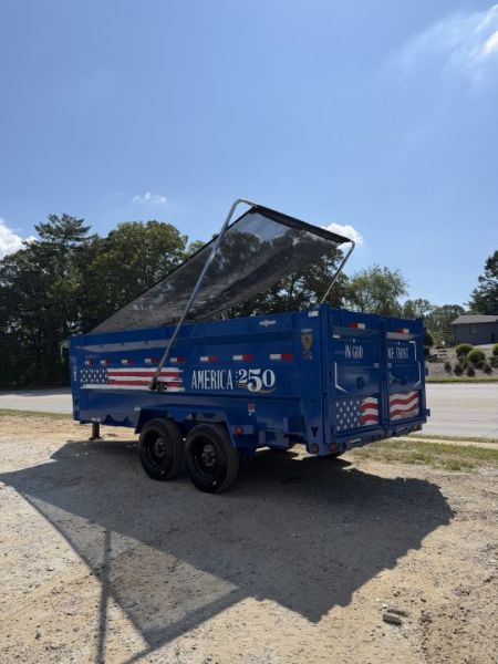 New 2027 Iron Bull DWB8316082 America 250 Series Dump Trailer /Hyd Jack / Wireless Remote / Solar Panel / 48" High Sides / 2-8k Electric Brake Axles / Tarp / Alum Ramps / Combo Gate / Powder Coat Blue