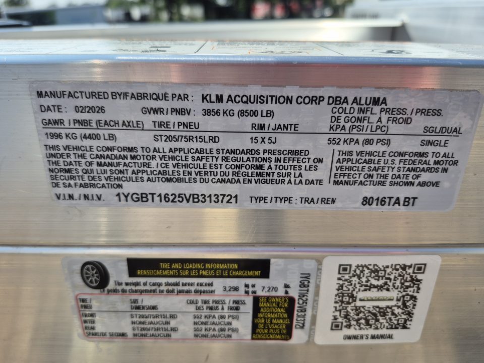 New 2027 Aluma 80x16 Utility, 8500 lb GVWR, Tailgate Ramp, 8016TA-BT
