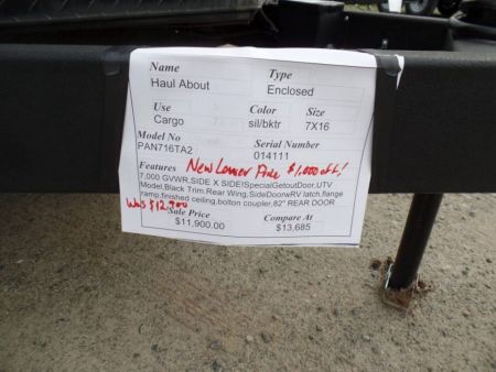 Used 2025 Haul About Trailers HAUL ABOUT / SIDE X SIDE TRAILER! 7X16 WITH EXTRA HEIGHT, and SPECIAL GET OUT FLIP UP DOOR! OUR ID# 014111, Cargo / Enclosed Trailer