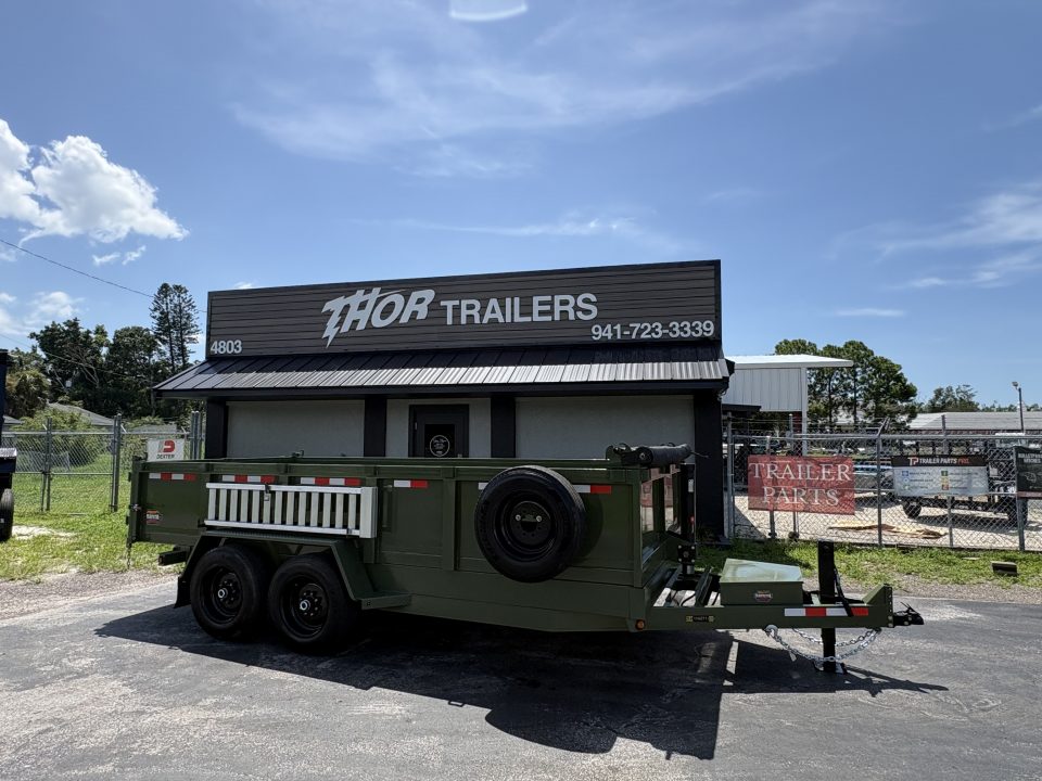 New 2027 Prospector 7X16 X 2FT sides 16K Dump Trailer Olive Green - INCLUDES SPARE & GPS!!