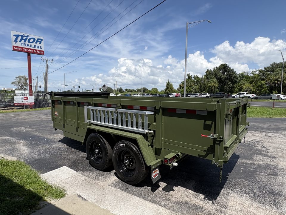 New 2027 Prospector 7X16 X 2FT sides 16K Dump Trailer Olive Green - INCLUDES SPARE & GPS!!