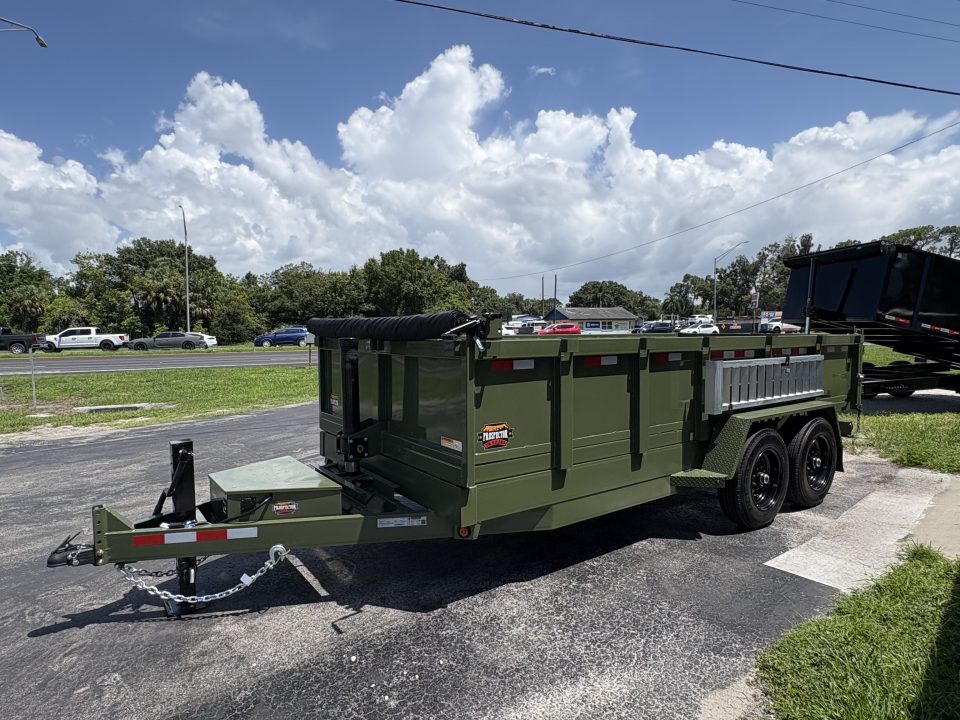 New 2027 Prospector 7X16 X 2FT sides 16K Dump Trailer Olive Green - INCLUDES SPARE & GPS!!
