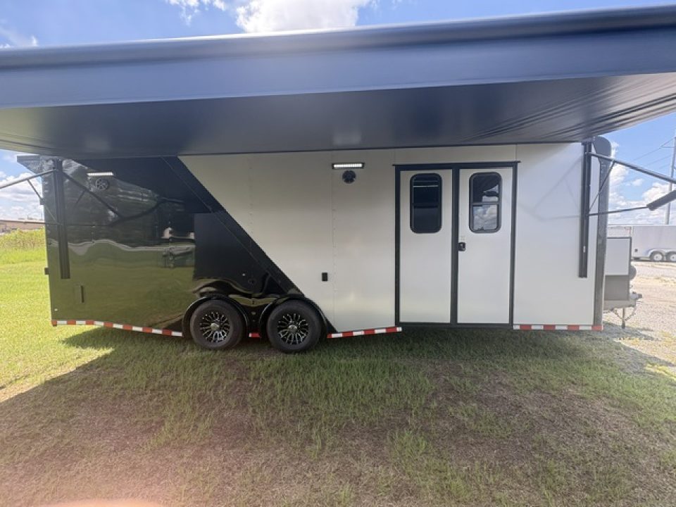 New 2027 Rock Solid Cargo Super Sport Enclosed Race Trailer For Sale Rear Spoiler Spread Axle Awning Finished Interior Cabinets A/C