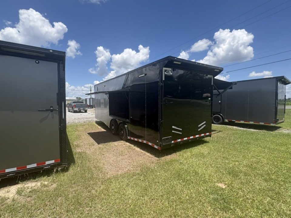 New 2027 Rock Solid Cargo Super Sport Enclosed Race Trailer For Sale Rear Spoiler Spread Axle Awning Finished Interior Cabinets A/C