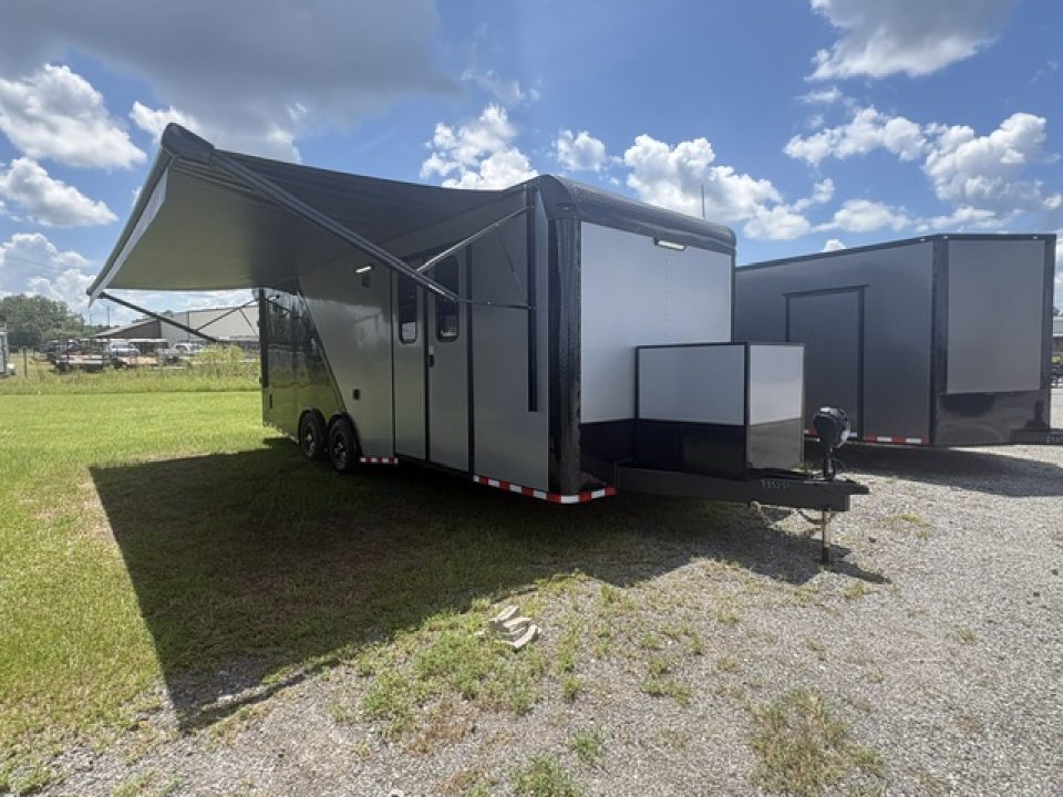 New 2027 Rock Solid Cargo Super Sport Enclosed Race Trailer For Sale Rear Spoiler Spread Axle Awning Finished Interior Cabinets A/C