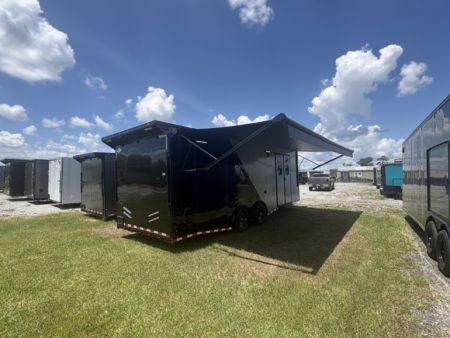 New 2027 Rock Solid Cargo Super Sport Enclosed Race Trailer For Sale Rear Spoiler Spread Axle Awning Finished Interior Cabinets A/C