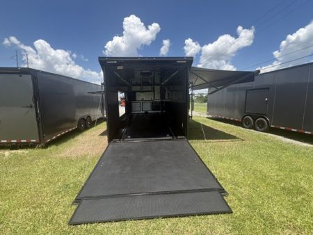 New 2027 Rock Solid Cargo Super Sport Enclosed Race Trailer For Sale Rear Spoiler Spread Axle Awning Finished Interior Cabinets A/C