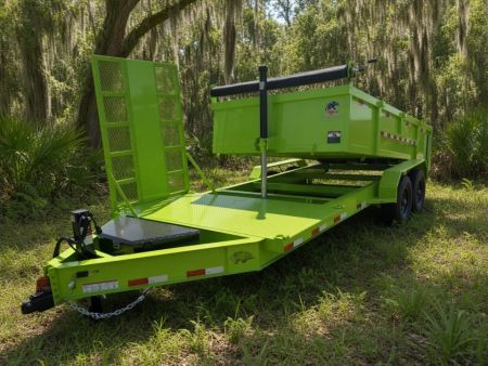 New 2026 Panther Cargo 7 x 16 + 4 FT Deck Tandem Axle Hybrid Telescoping Dump-Deck Trailer – 16K GVWR | Electric Green I Barn Doors on Rear Dump Trailer