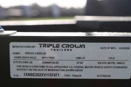 New 2027 7X20 Triple Crown Equipment Trailer