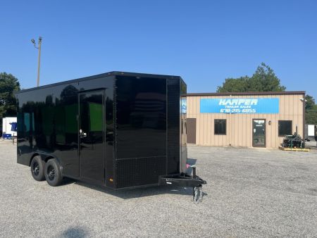 New 2027 8.5X16 10K TANDEM AXLE ENCLOSED TRAILER WITH REAR LED SPOILER AND BLACKOUT PACKAGE