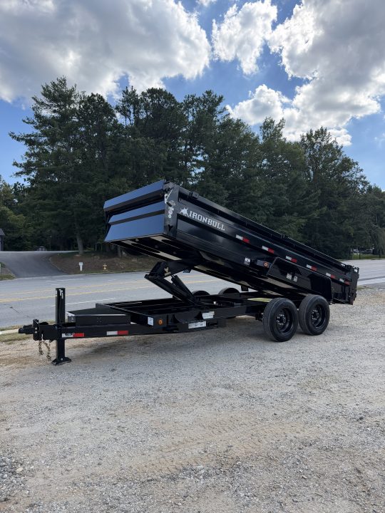 New 2027 Iron Bull Dump Trailer / DTB Series / 83" Wide x 16' Long / Scissor Hoist / Aluminum Ramps / Tarp / 24" High Sides / 2- 8,000# Electric Brake Axles / 17.5" Tires & Wheels / Matching Spare Tire & Wheel / HYD Jack / Fork Holders
