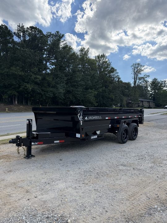 New 2027 Iron Bull Dump Trailer / DTB Series / 83" Wide x 16' Long / Scissor Hoist / Aluminum Ramps / Tarp / 24" High Sides / 2- 8,000# Electric Brake Axles / 17.5" Tires & Wheels / Matching Spare Tire & Wheel / HYD Jack / Fork Holders