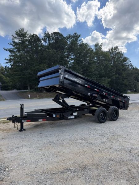 New 2027 Iron Bull Dump Trailer / DTB Series / 83" Wide x 16' Long / Scissor Hoist / Aluminum Ramps / Tarp / 24" High Sides / 2- 8,000# Electric Brake Axles / 17.5" Tires & Wheels / Matching Spare Tire & Wheel / HYD Jack / Fork Holders